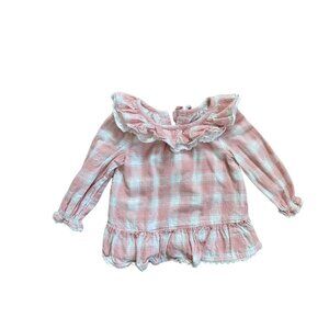 Toddler Girls’ Pink Gingham Ruffle Top – Long Sleeve, Size 18MONTHS, Gently Worn
